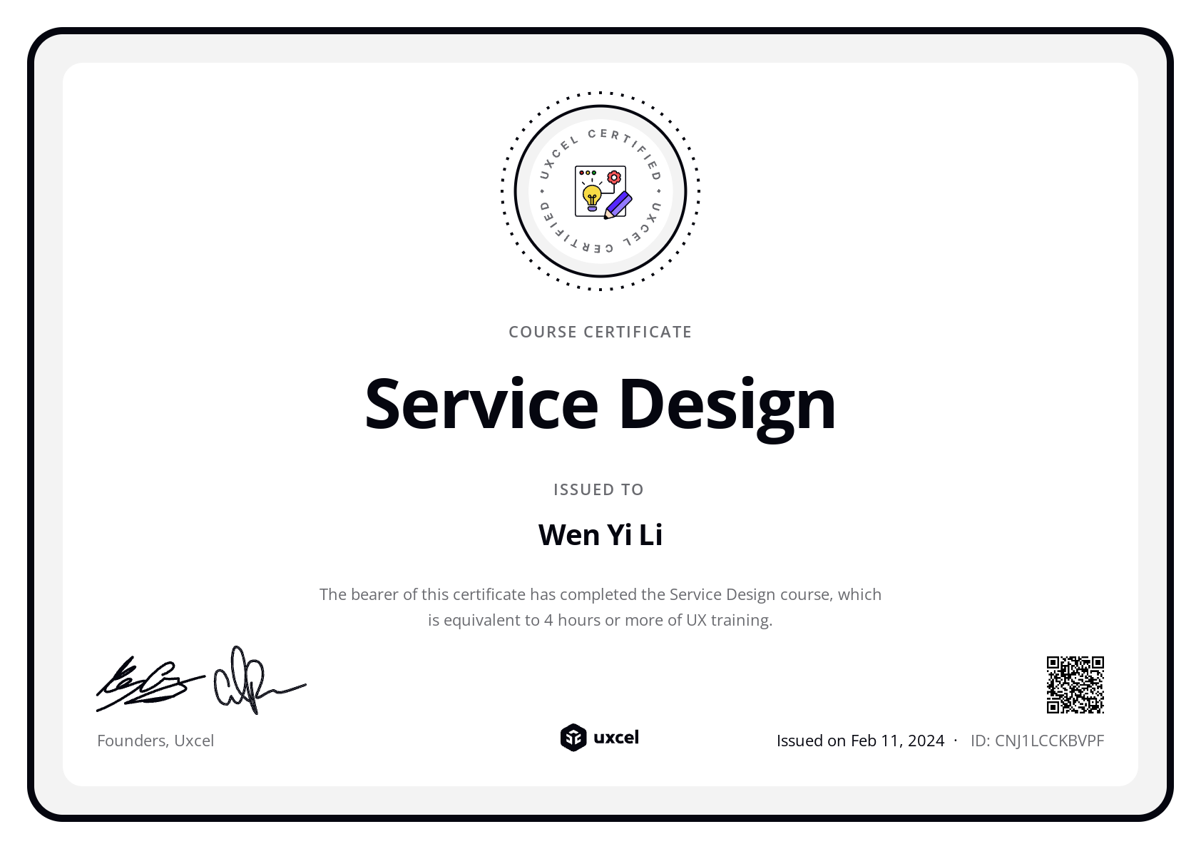 Wen Yi Li's certificate